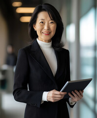 Portrait of mature Asian businesswoman, holding tablet while in office, copy space