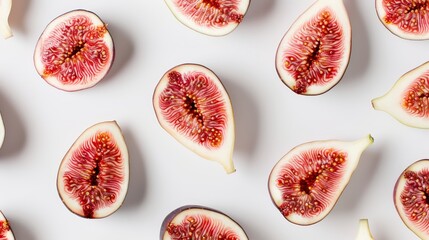 Wall Mural - Close-up of figs sliced into delicate pieces, each slice revealing rich textures and seeds. The slices are neatly arranged on a white backdrop