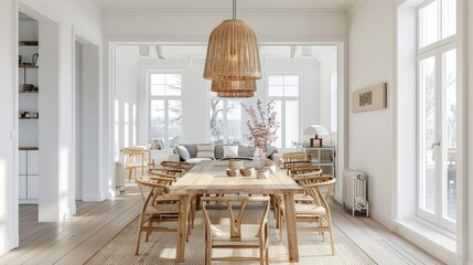 Wall Mural - A bright, roomy dining space with Scandinavian decor, featuring a wooden table, chic chairs, and elegant pendant lights.