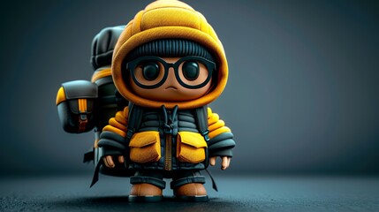 This adorable 3D cartoon character, wearing a bright yellow jacket and stylish glasses, is sure to bring a smile to your face. Ideal for adding a touch of whimsy and charm to your design projects.