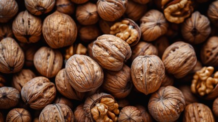 Pile of fresh walnuts in their shells