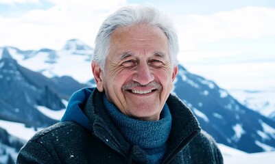 Wall Mural - Happy senior man smiling at camera while standing against snowy mountain landscape.