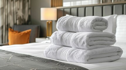 Pile of fresh white bath towels on bed in contemporary hotel room, blank space