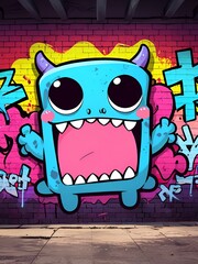 Wall Mural - A cartoon monster with big teeth and a big mouth is painted on a wall