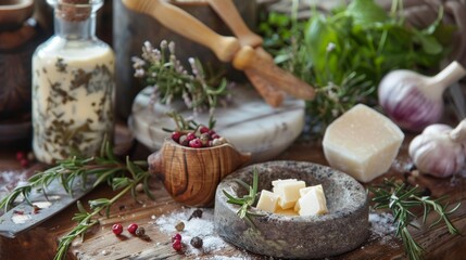 Wall Mural - Rustic kitchen with herbs, cheese, and spices on wooden table