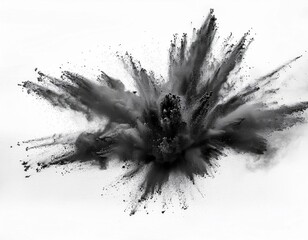 Black powder explosion. Closeup of black dust particles explode isolated on white background. Generated image