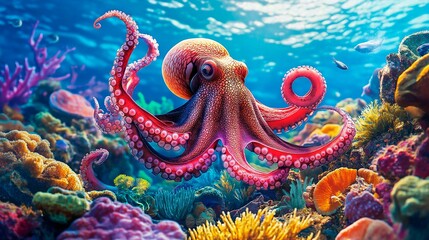 Wall Mural - underwater scene with octopus in the ocean.