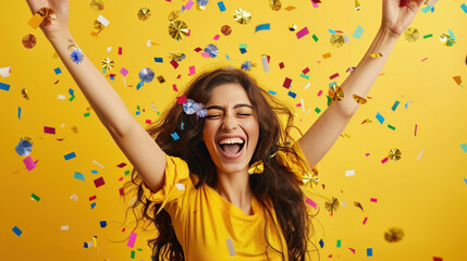 Wall Mural - Excited woman celebrating big win, showered in tinsel confetti on a vibrant yellow background