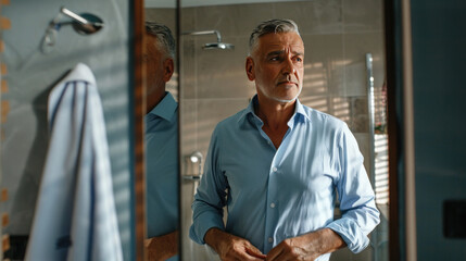 Wall Mural - Excited middle-aged man buttoning up his blue shirt in front of a bathroom mirror, preparing to head to work