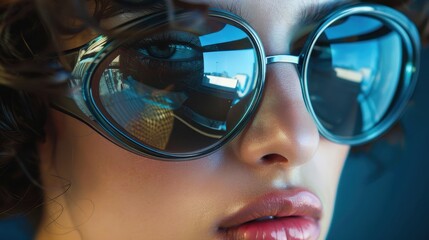 Close-up of a woman's face with large blue sunglasses