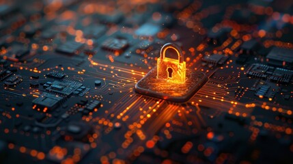Fototapete - Glowing Padlock on a Circuit Board Representing Digital Security