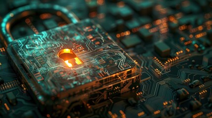 Poster - Illuminated Padlock Embedded in a Circuit Board
