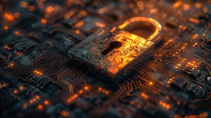 Aufkleber - Close-up of a Golden Padlock on a Circuit Board with Glowing Lights