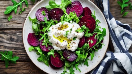 Poster - Zooming in on a Delicious Roasted Beet and Burrata Salad on a Wooden Table