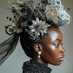 Wall Mural - Black Woman with Ornate Silver Flower Hairpiece