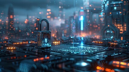 Fototapete - A Futuristic Cityscape with a Large Metal Lock in the Foreground