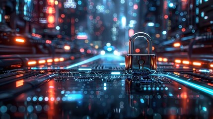 Aufkleber - A Metallic Padlock on a Futuristic Circuit Board