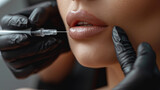 Detailed closeup of beautician injecting fillers near woman's chin for contouring, highlighting the precision of the procedure