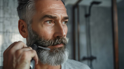 Wall Mural - Cropped shot of a middle-aged man using an electric trimmer to groom his beard indoors in the bathroom