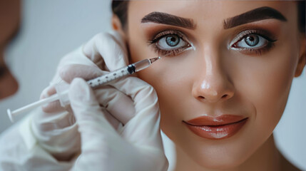 Beautiful young woman receiving hyaluronic acid injection near her eyes, beautician holding syringe, anti-wrinkle procedure closeup