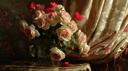 Poster - Rose bouquet by the curtained window