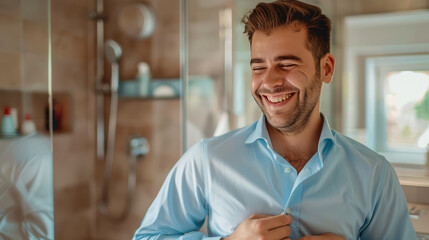 Wall Mural - Businessman with a cheerful expression buttoning his blue shirt in the bathroom, getting ready for work