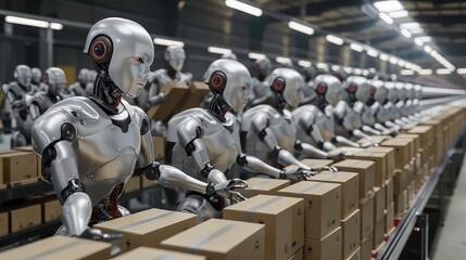 Poster - A line of robots with silver bodies, working in a warehouse, assembling and stacking cardboard boxes.