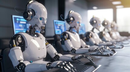 Poster - A row of white humanoid robots with headphones are working at computer desks in a futuristic office.