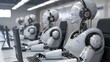 © florynstudio3 - Row of humanoid robots in a modern office setting, wearing headsets, working on computers.