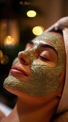 Poster - A woman with a green face mask relaxing. AI.