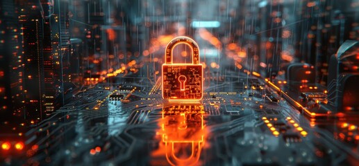 Fototapete - Glowing Padlock on a Circuit Board with a Cityscape in the Background