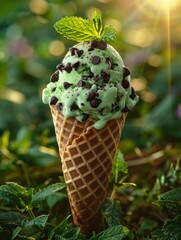 Sticker - A scoop of mint ice cream with chocolate chips in a waffle cone. AI.