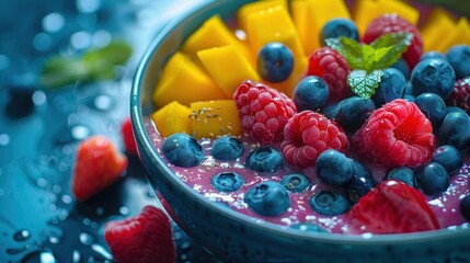 Wall Mural - A bowl of fruit with blueberries, raspberries, mango, and a purple smoothie. AI.