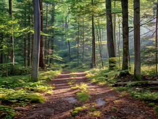 Canvas Print - A forest path is shown in the sunlight, with trees on either side. Scene is peaceful and serene, as the sunlight filters through the trees and illuminates the path