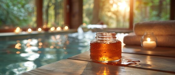 Wall Mural - A jar of honey spills onto a wooden surface next to a pool of water. AI.