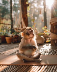 Wall Mural - A monkey sits in a meditative pose on a mat. AI.