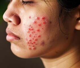 Wall Mural - Close-up of a face with acne. AI.