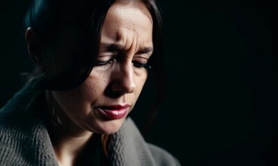 Wall Mural - Portrait of a sad woman in a coat on a dark background