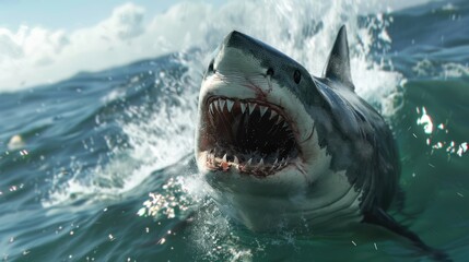 Great White Shark Leaping Out of the Water with Mouth Open