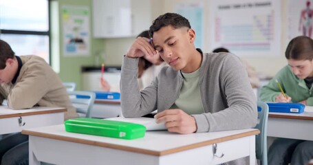 Poster - Boy, stress and writing test in classroom with thinking, remember and confused by question in paper. Student, teenager and high school kids with anxiety, mistake or brain fog in assessment at academy