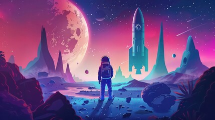 Wall Mural - an astronaut in a spacesuit stands on a purple planet, with a large moon, a rocket, and shooting sta