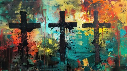 Poster - Art Painting Style of Three Crosses