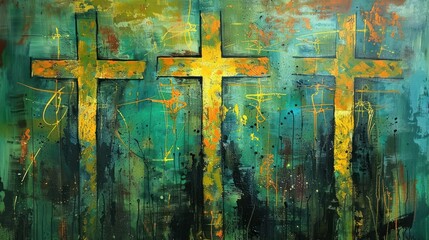 Sticker - Art Painting Style of Three Crosses