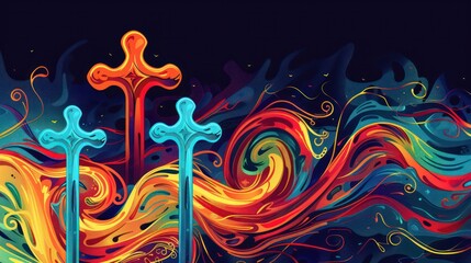 Wall Mural - Waves and Swirls Design of Three Crosses