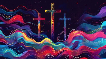 Canvas Print - Waves and Swirls Design of Three Crosses