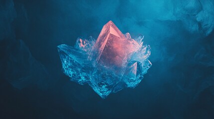 Wall Mural - A luminous, blue, and pink crystal, surrounded by smoke or fog, against a dark blue background.