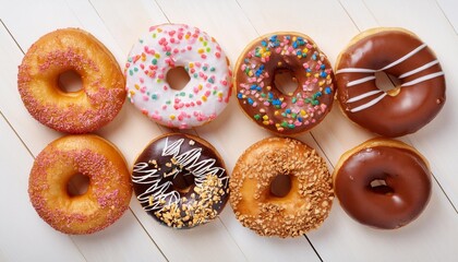 appetizing donuts with various toppings top view