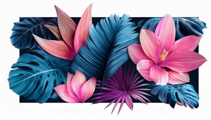 illustration of a a colorful tropical flower print with pink and blue leaves