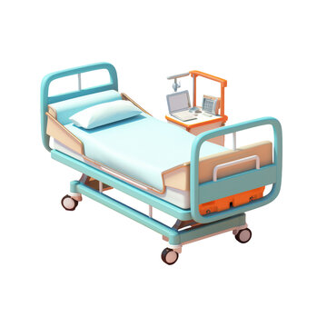 3D rendering of a blue hospital bed with white pillow and white sheet, a small bedside table with a laptop and a light on it.