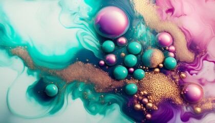 Poster - colorful abstract splash glitter ink flow art mixed bright turquoise lavender pink gold liquid bubbles rotating on water with circular shimmer